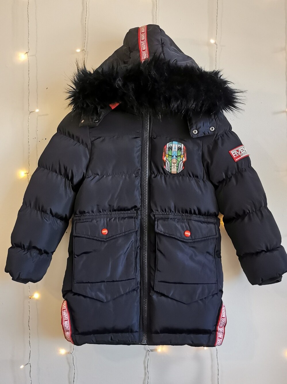 Marvel Black Puffer Jacket with Faux-Fur Hood and Colorful Patch